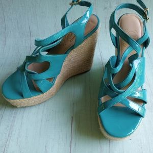 Fergi Wedge Heels Sling Back Open Toe Sandals in Teal Womens sz 6.5